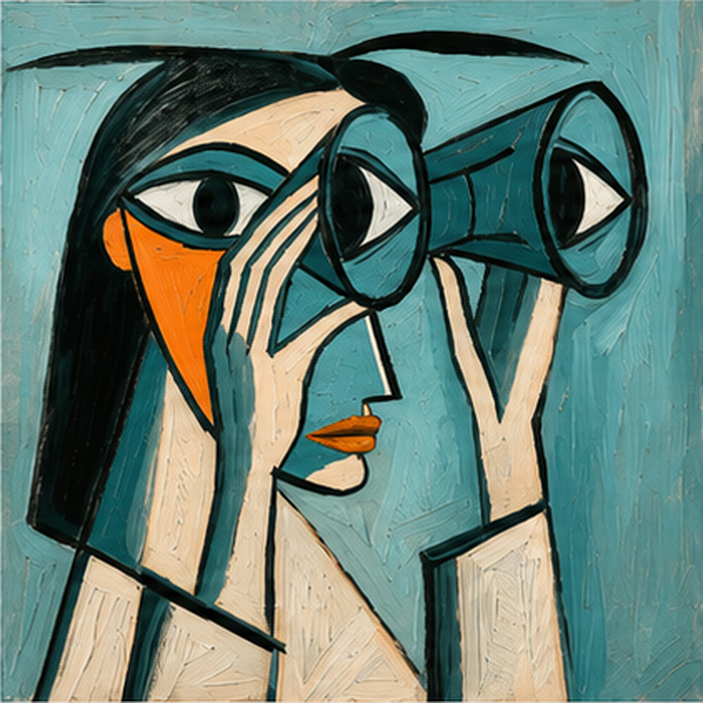A woman looking through a telescope, painted in blue and tangerine